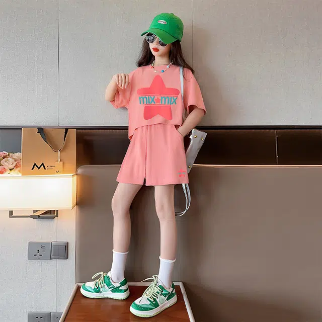 唐狮童装 字母星星图案圆领短袖上衣松紧腰短裤休闲运动套装 儿童款 粉红色