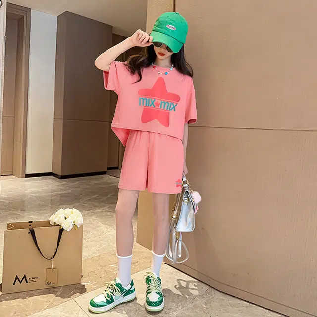 唐狮童装 字母星星图案圆领短袖上衣松紧腰短裤休闲运动套装 儿童款 粉红色