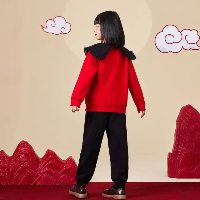 唐狮童装 翻领套头加绒加厚长袖卫衣纯色松紧腰束脚长裤休闲运动套装 儿童款 红色