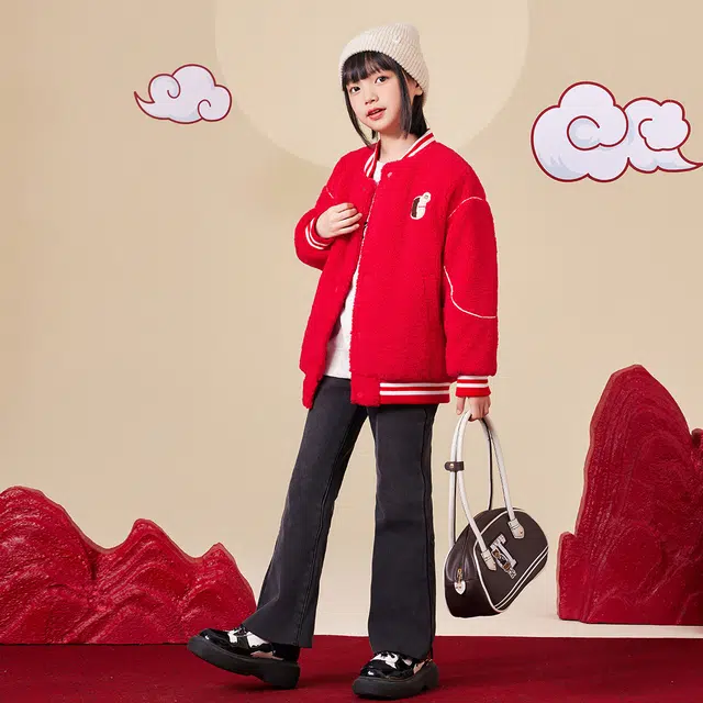 唐狮童装 棒球领加绒加厚单排扣绒感外套 儿童款 红色