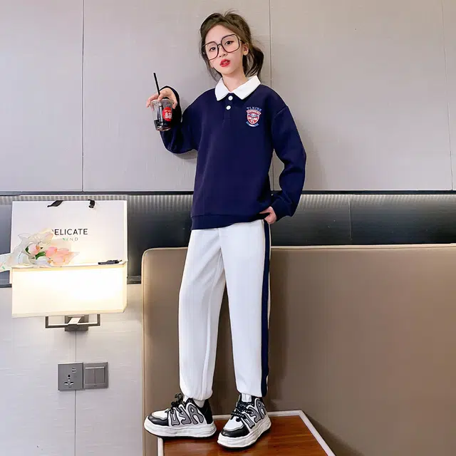 唐狮童装 简约字母套头长袖上衣松紧腰束脚长裤休闲运动套装 儿童款 藏青色