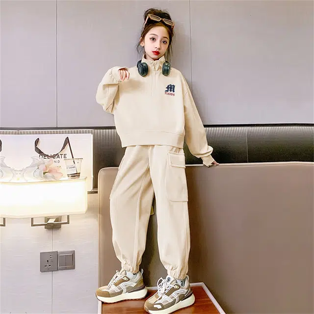 唐狮童装 立领洋气套头长袖休闲运动套装 儿童款 杏色