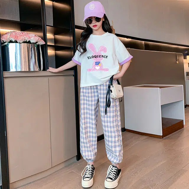 唐狮童装 圆领套头短袖上衣格子舒适百搭裤子休闲运动套装 儿童款