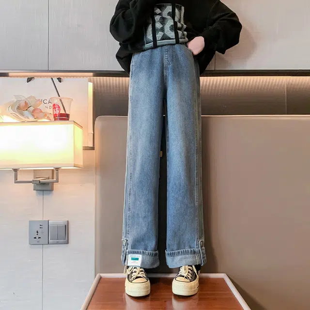 唐狮童装 松紧腰洋气简约舒适纯色休闲牛仔裤 青少年 深牛仔蓝