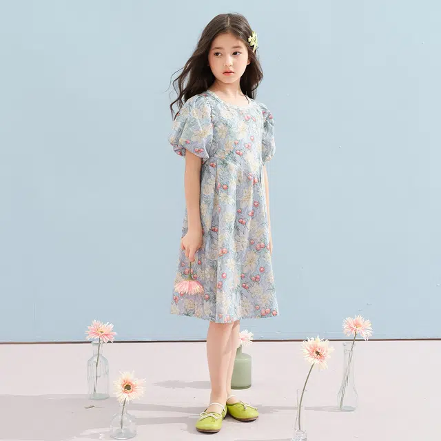 唐狮童装 方领舒适甜美短袖儿童连衣裙 儿童款 浅蓝色