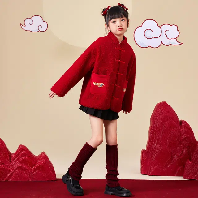 唐狮童装 新中式立领保暖休闲长袖绒感外套 儿童款 红色