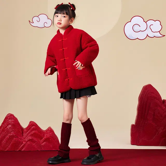 唐狮童装 新中式立领保暖休闲长袖绒感外套 儿童款 红色
