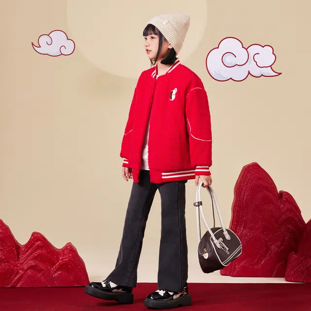 唐狮童装 棒球领加绒加厚单排扣绒感外套 儿童款 红色