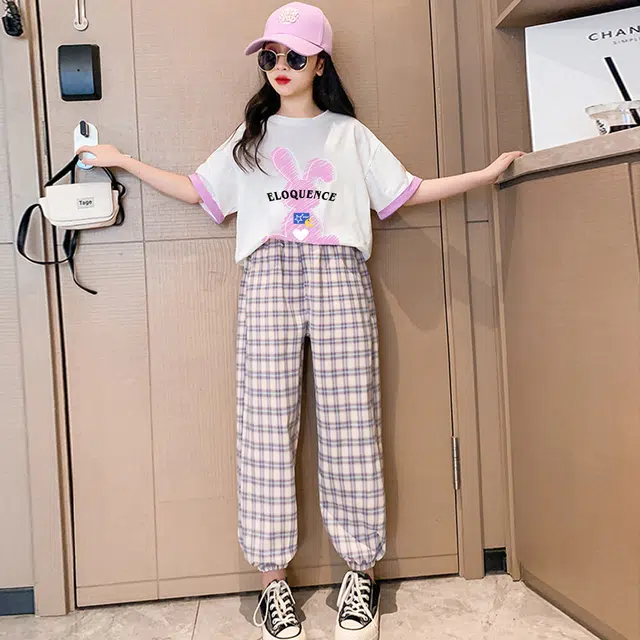 唐狮童装 圆领套头短袖上衣格子舒适百搭裤子休闲运动套装 儿童款