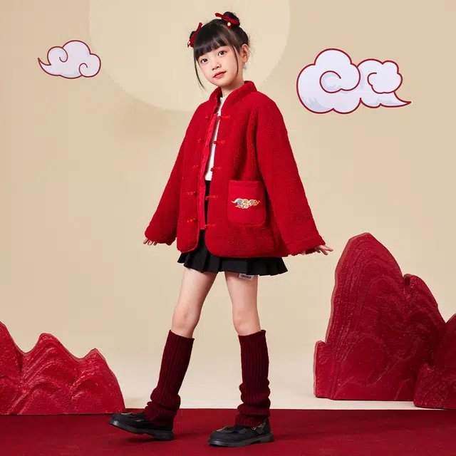 唐狮童装 新中式立领保暖休闲长袖绒感外套 儿童款 红色