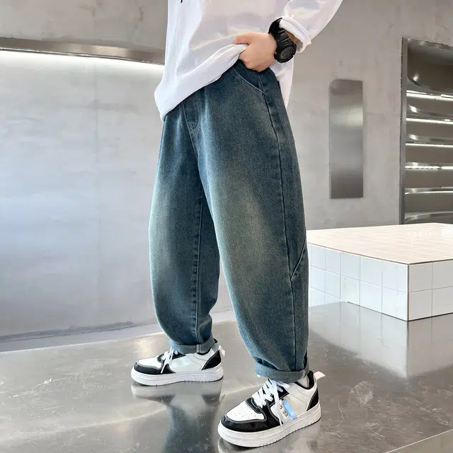 唐狮童装 宽松加绒长裤牛仔裤 儿童款 藏青色