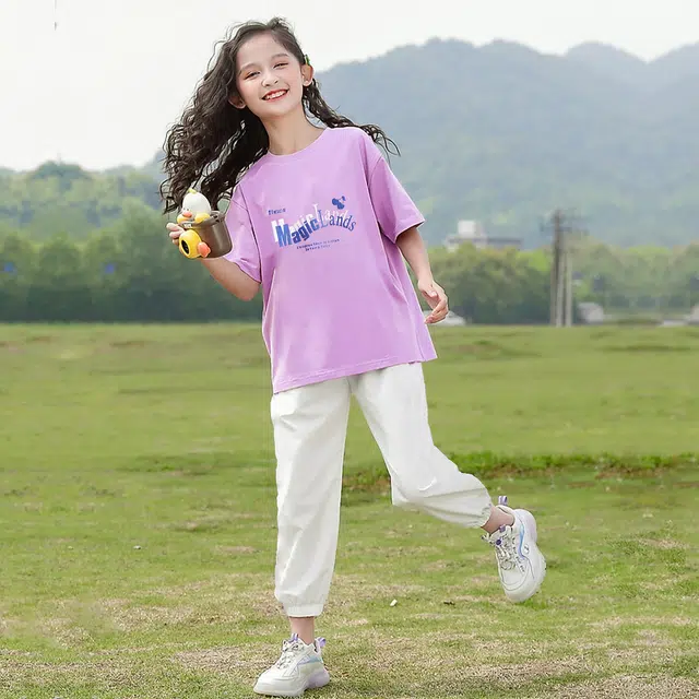 唐狮童装 舒适柔软轻盈宽松透气休闲运动套装 儿童款 浅紫色