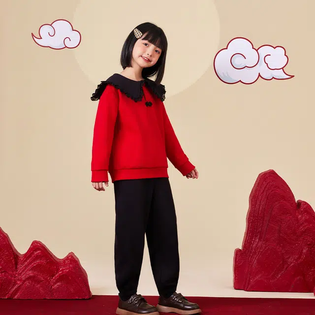 唐狮童装 翻领套头加绒加厚长袖卫衣纯色松紧腰束脚长裤休闲运动套装 儿童款 红色