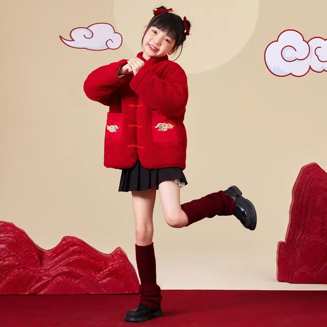 唐狮童装 新中式立领保暖休闲长袖绒感外套 儿童款 红色