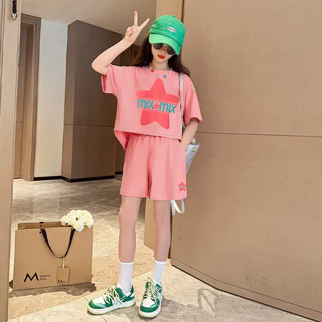 唐狮童装 字母星星图案圆领短袖上衣松紧腰短裤休闲运动套装 儿童款 粉红色