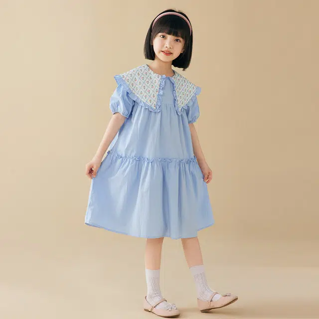 唐狮童装 翻领舒适短袖儿童连衣裙 儿童款 浅蓝色