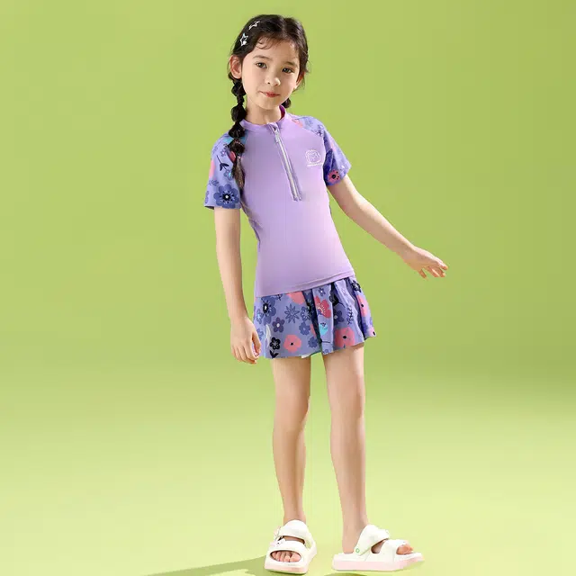 儿童款唐狮童装 休闲舒适清新泳帽速干简约透气分体式儿童泳装 浅紫色