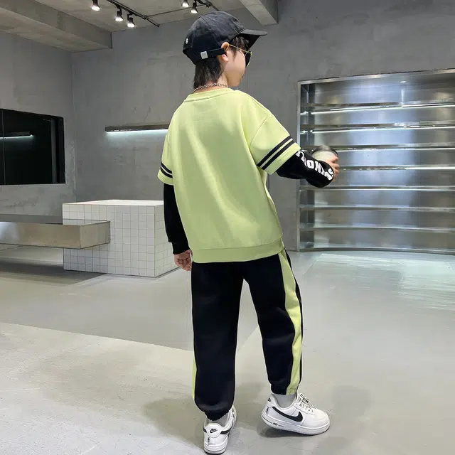 唐狮童装 字母印花圆领套头长袖上衣松紧腰宽松束脚长裤休闲运动套装 儿童款 浅水绿