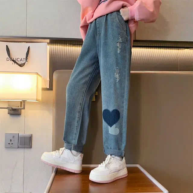 唐狮童装 爱心中腰阔腿牛仔裤 儿童款 中牛仔蓝
