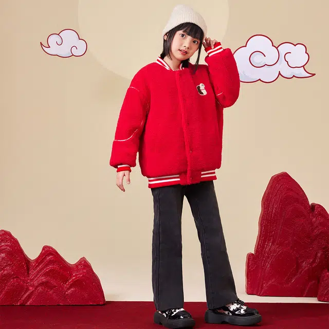 唐狮童装 棒球领加绒加厚单排扣绒感外套 儿童款 红色