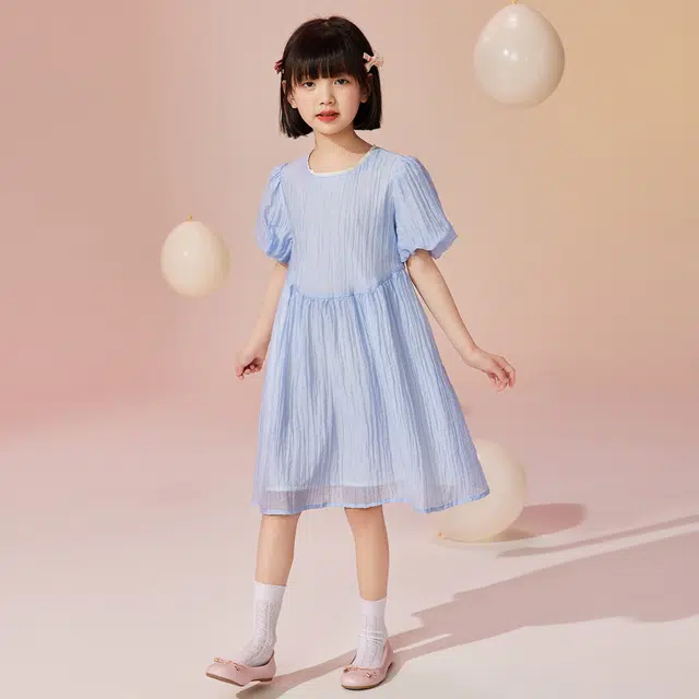 唐狮童装 纯色蝴蝶结装饰套头短袖儿童连衣裙 大童 湖蓝色