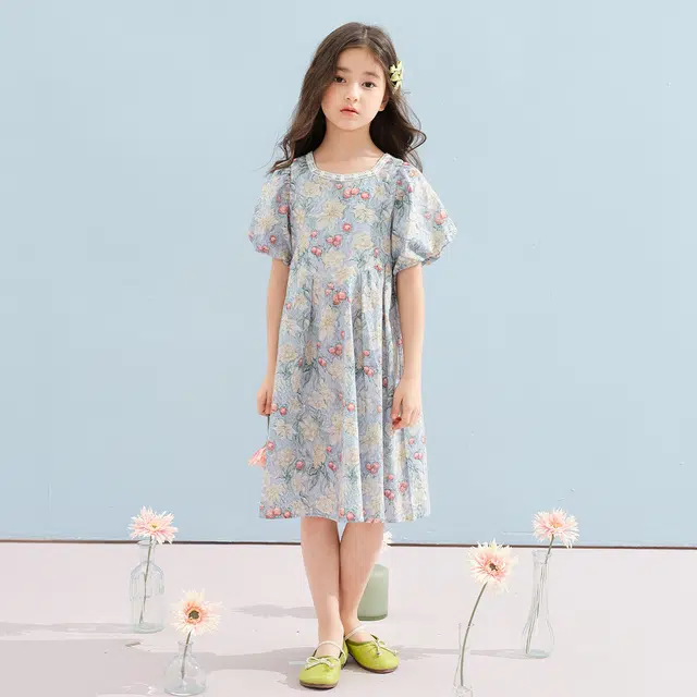 唐狮童装 方领舒适甜美短袖儿童连衣裙 儿童款 浅蓝色