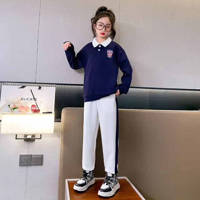 唐狮童装 简约字母套头长袖上衣松紧腰束脚长裤休闲运动套装 儿童款 藏青色