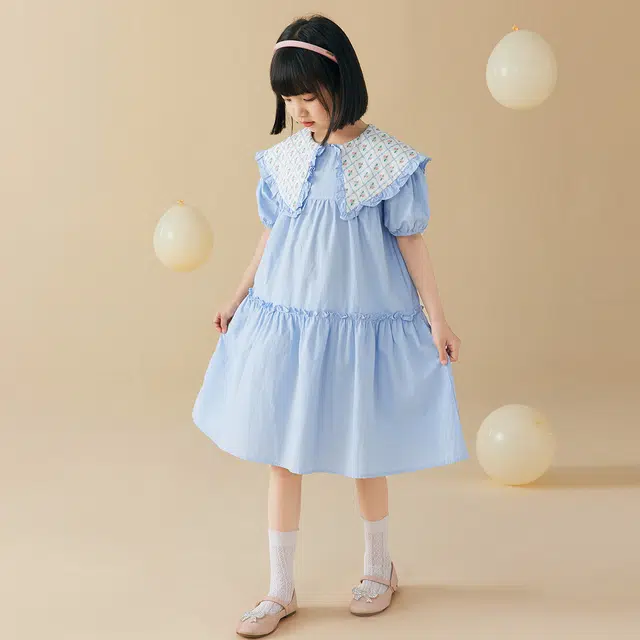 唐狮童装 翻领舒适短袖儿童连衣裙 儿童款 浅蓝色