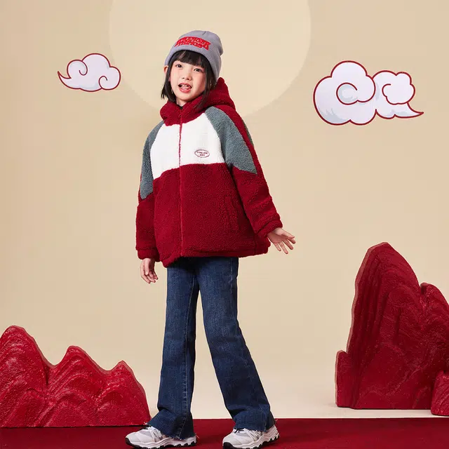 唐狮童装 字母加绒加厚连帽拉链休闲长袖绒感外套 儿童款 酒红色