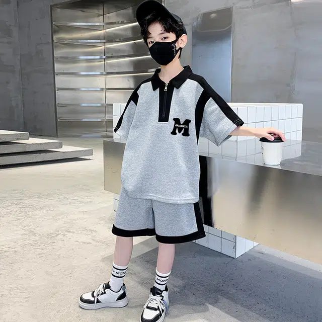 儿童款 唐狮童装 简约字母套头短袖上衣松紧腰百搭短裤休闲运动套装 浅灰色