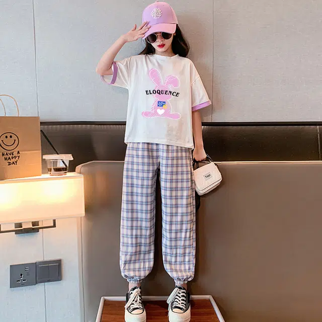 唐狮童装 圆领套头短袖上衣格子舒适百搭裤子休闲运动套装 儿童款