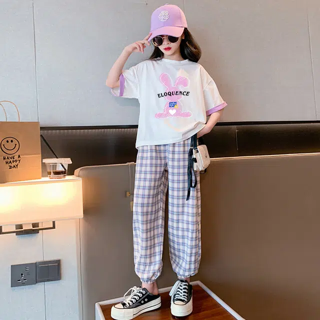 唐狮童装 圆领套头短袖上衣格子舒适百搭裤子休闲运动套装 儿童款