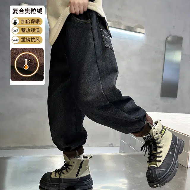 唐狮童装 复古松紧腰直筒宽松休闲牛仔裤 儿童款 黑色
