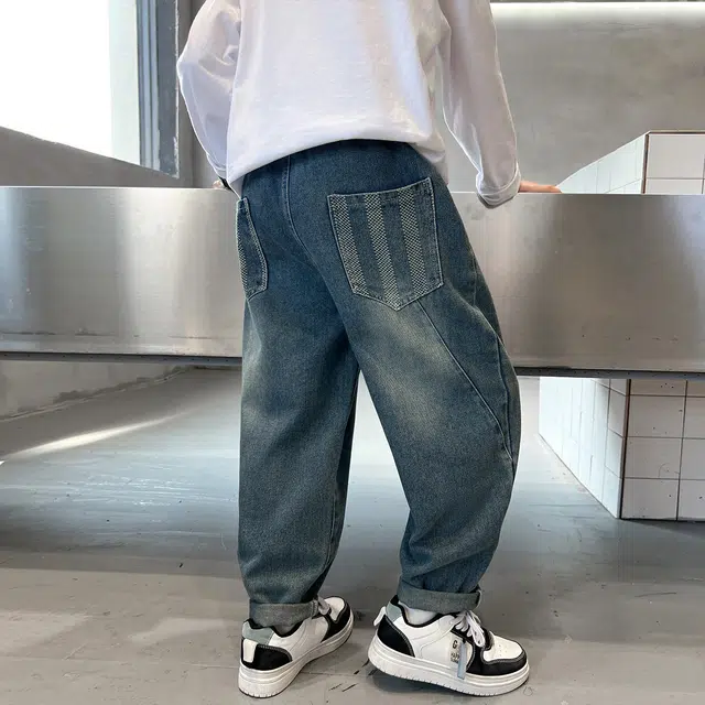 唐狮童装 宽松加绒长裤牛仔裤 儿童款 藏青色