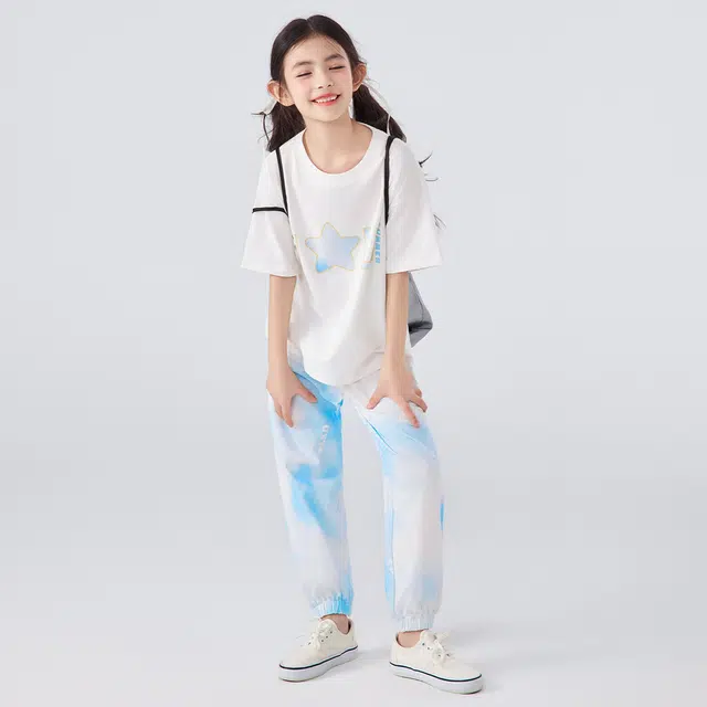 唐狮童装 简约字母圆领短袖上衣松紧腰长裤休闲运动套装 儿童款 白色