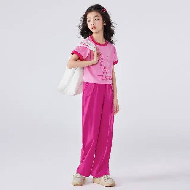 唐狮童装 圆领短袖上衣纯色松紧腰长裤休闲运动套装 大童 桃色