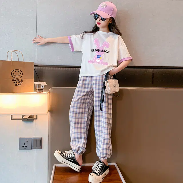 唐狮童装 圆领套头短袖上衣格子舒适百搭裤子休闲运动套装 儿童款