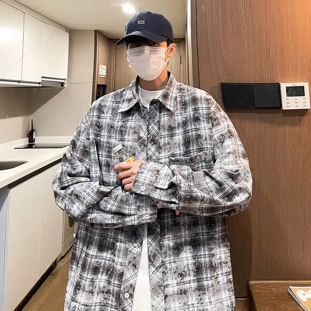 悍戈 美式潮牌复古多彩条纹格子慵懒学院风基础款简约高街痞帅小众设计翻领宽松休闲百搭通勤长袖衬衫 男女同款