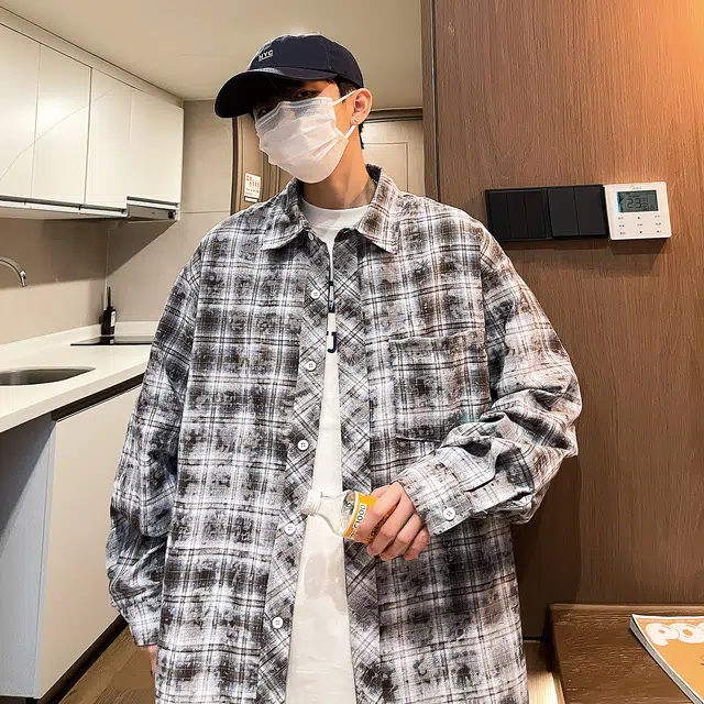 悍戈 美式潮牌复古多彩条纹格子慵懒学院风基础款简约高街痞帅小众设计翻领宽松休闲百搭通勤长袖衬衫 男女同款