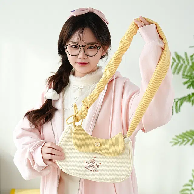 猫的天空之城 女生卡通时尚百搭学生 灯芯绒 单肩包 小号 女款 黄色