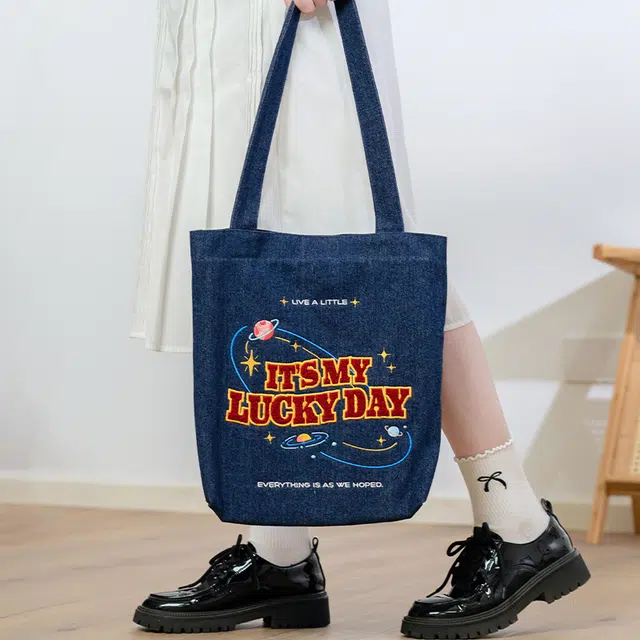猫的天空之城 时尚百搭可爱女生 牛仔布 单肩包 中号 女款 深蓝色