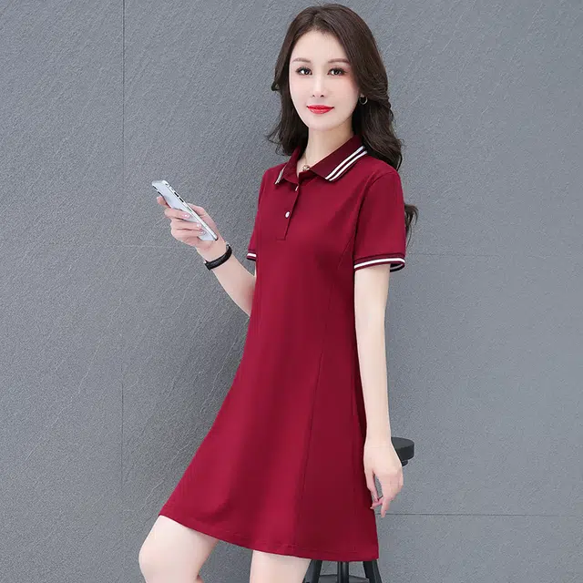 木清清 学院风舒适亲肤户外休闲中长款简约宽松翻领短袖连衣裙 女款