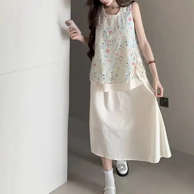 舒适百搭休闲简约优雅气质刺绣甜美风夏季法式碎花无袖背心上衣搭配高腰半身裙两件套裙装套装 女款
