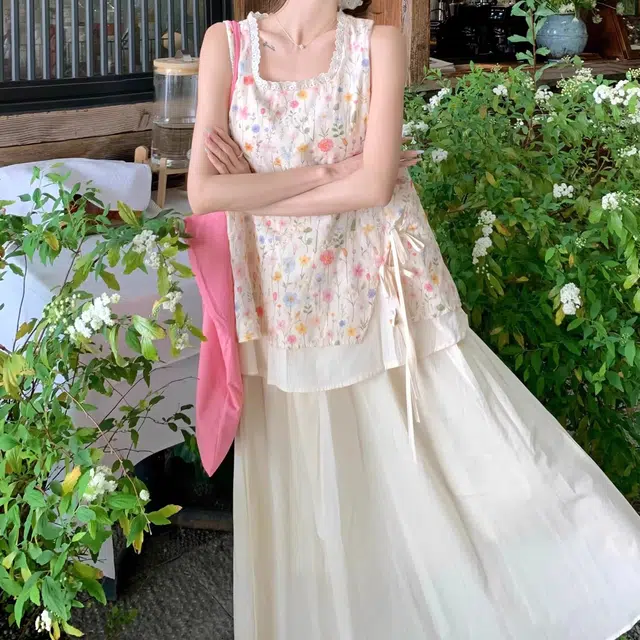 舒适百搭休闲简约优雅气质刺绣甜美风夏季法式碎花无袖背心上衣搭配高腰半身裙两件套裙装套装 女款