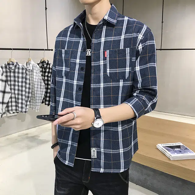 双星八特 休闲百搭格子舒适透气七分袖衬衫 男女同款