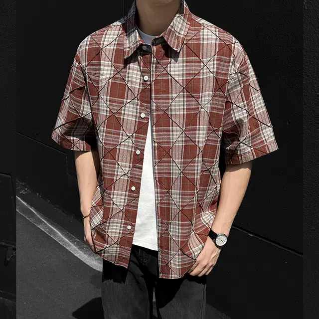 双星八特 美式复古格子夏季高街休闲情侣上衣户外宽松短袖衬衫 男女同款