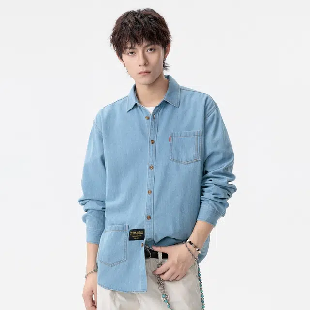 双星八特 美式复古休闲牛仔外套翻领宽松长袖衬衫 男女同款
