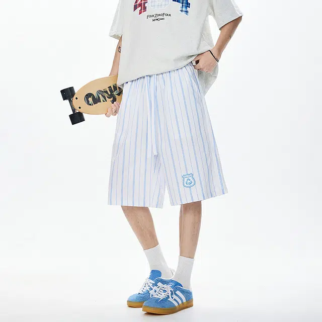 双星八特 学院风宽松舒适透气速干薄款条纹五分休闲短裤 男女同款