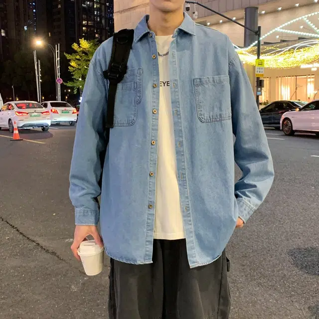 双星八特 美式复古纯色水洗做旧牛仔宽松休闲外套长袖衬衫 男女同款