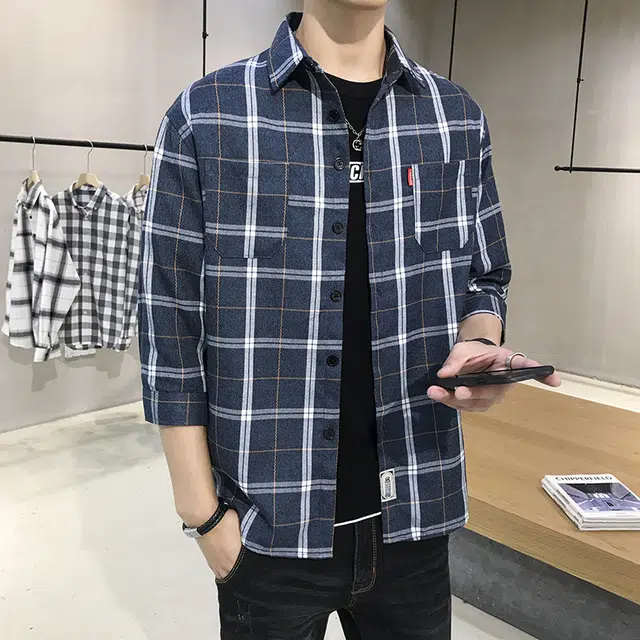 双星八特 休闲百搭格子舒适透气七分袖衬衫 男女同款